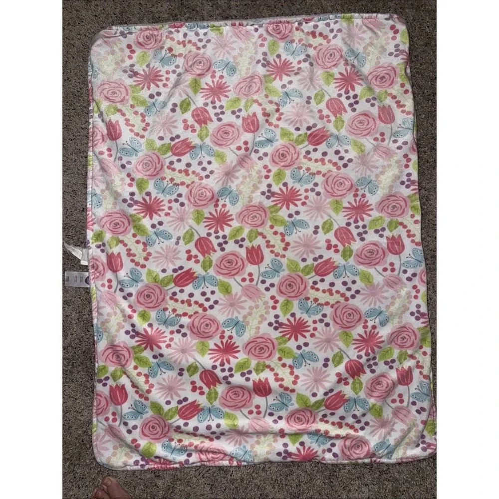 Parent's Choice Floral Baby‎ Blanket Pink Butterfly Rowers Blue Green